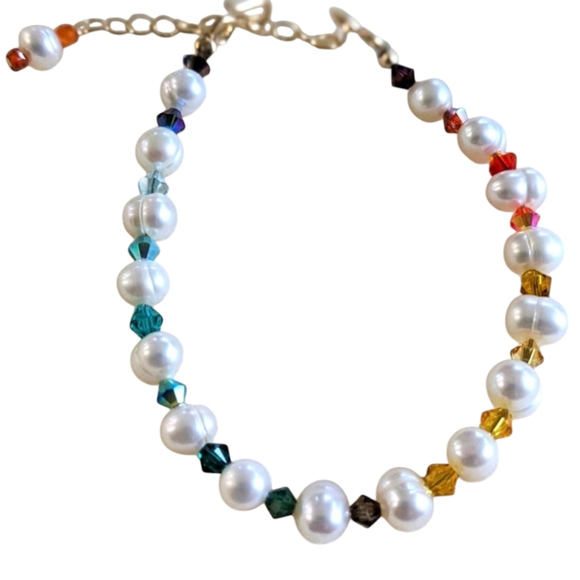 Cultured Pearl Swarovski Rainbow Crystal Bracelet GF - Picture 1 of 5